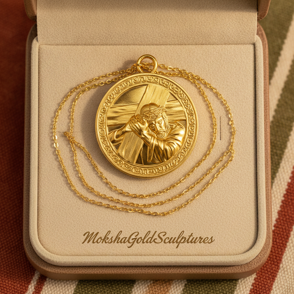The Jesus Carrying the Cross Medallion Pendant in 9K gold, silver & brass by MokshaGoldSculptures.