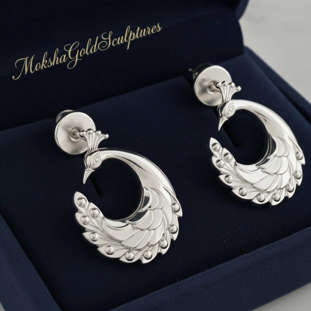 Peacock Stud Earrings – 9K Gold, Sterling Silver 925 or Polished Brass | Elegant Peacock Bird Earrings | Nature Inspired Jewellery | Handmade Gift for Her