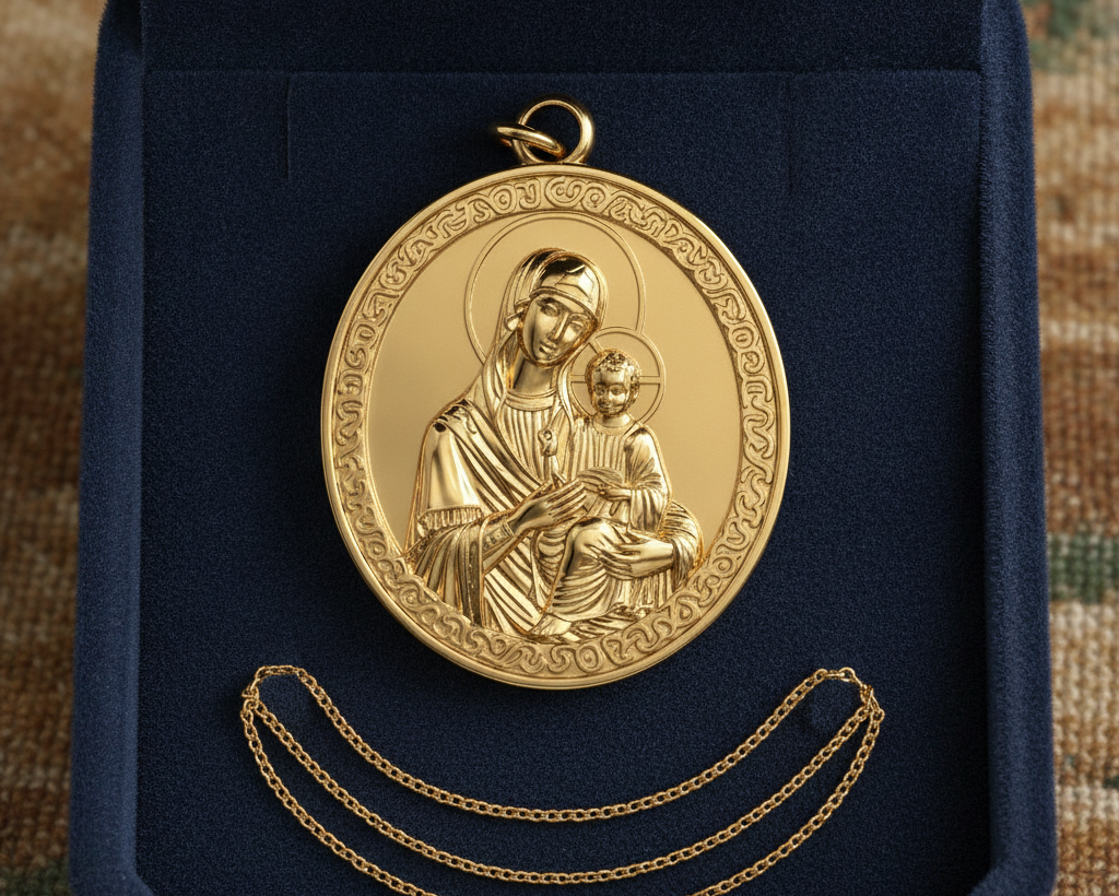 Virgin Mary & Child Coin Pendant Necklace | Blessed Mother Medallion | Christian Jewelry in 18K Gold, Sterling Silver or Yellow Brass