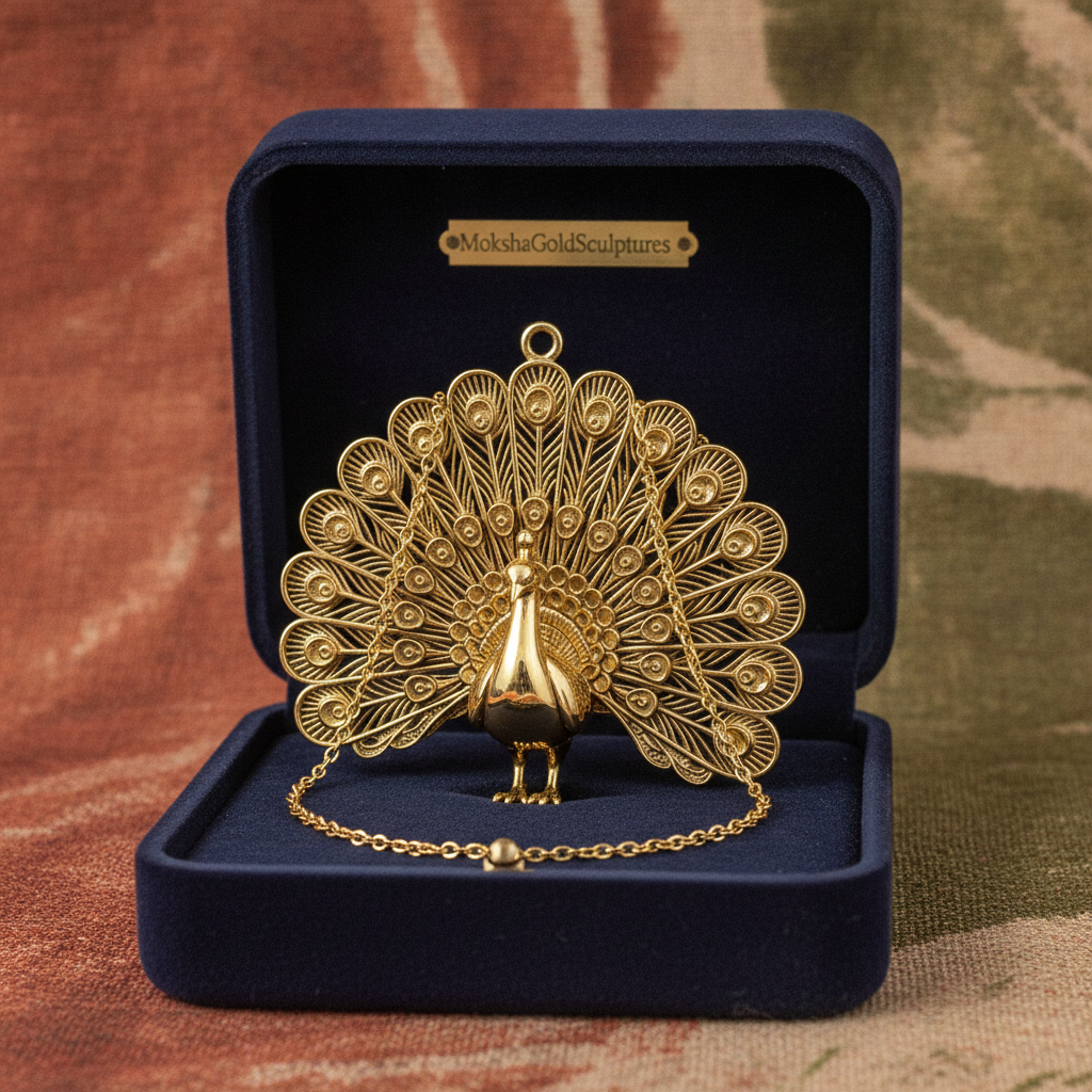 The Peacock Pendant Necklace in 9K gold, sterling silver, or brass by MokshaGoldSculptures, with intricate feather detail.