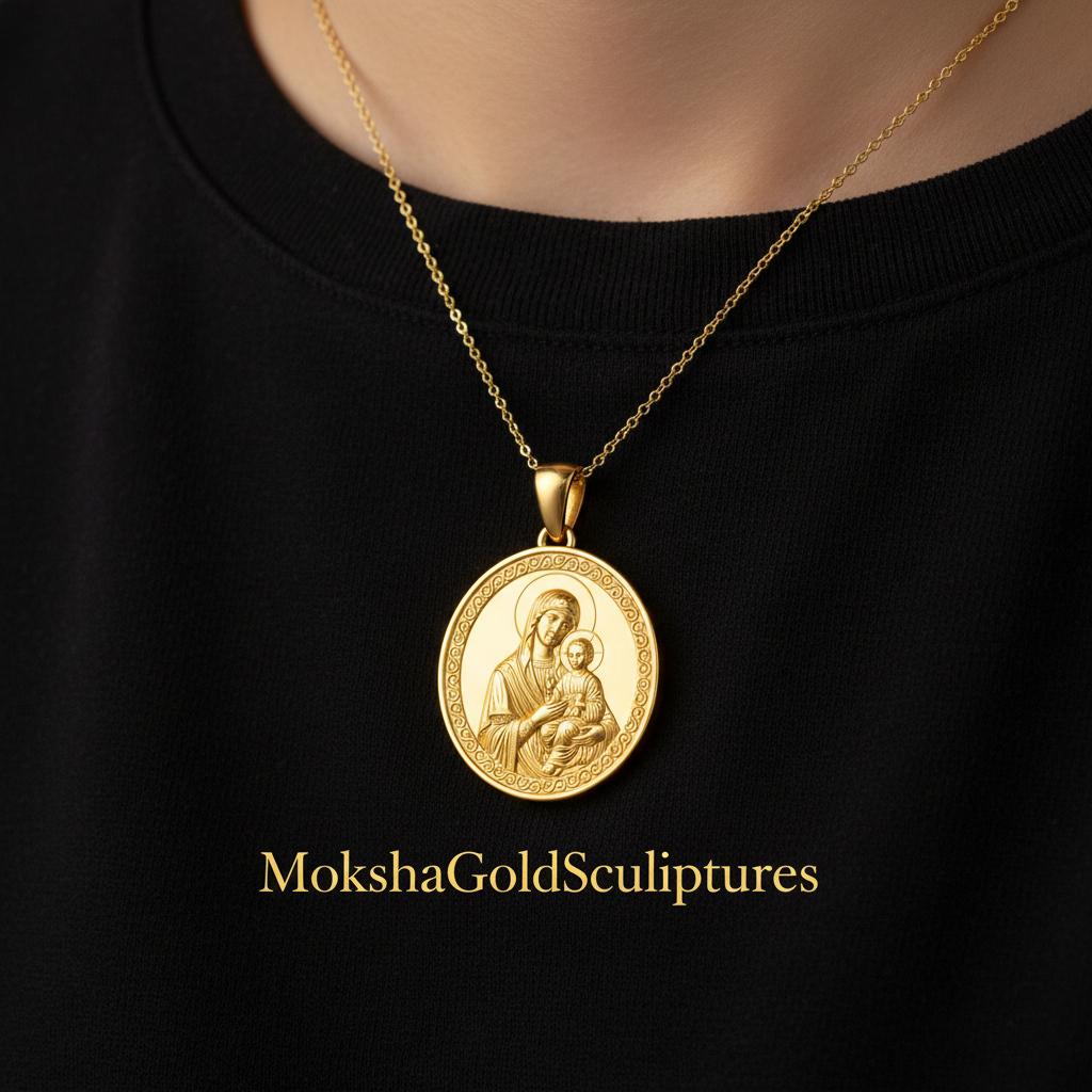 Mary with Baby Jesus Pendant Necklace – Ancient Religious Scene Jewelry – Catholic Christian Devotional Gift