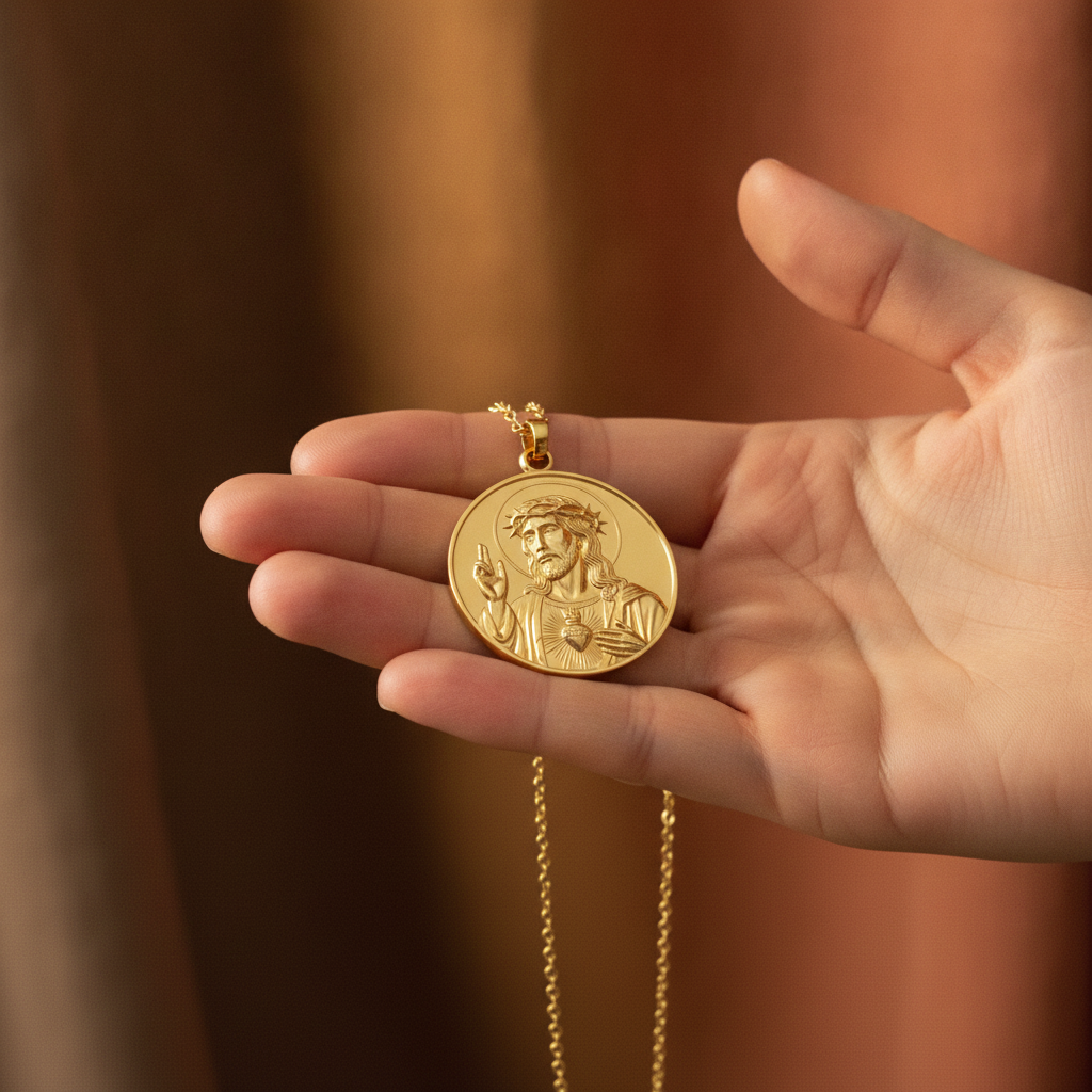 Jesus Sacred Heart Coin Pendant Necklace | 18K Gold Plated, Sterling Silver or Polished Brass | Christian Medallion | Catholic Religious Jewellery | 30mm