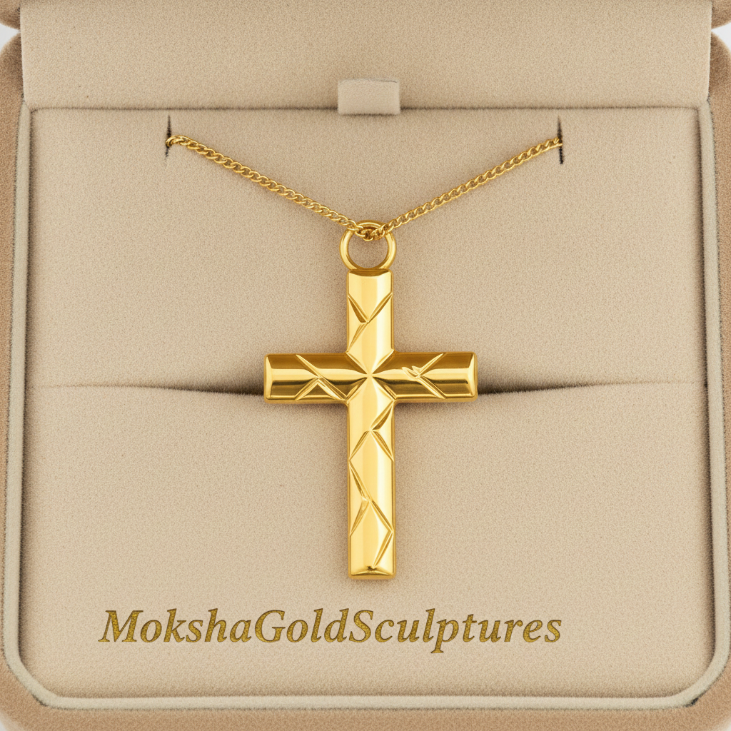 The Faceted Cross Pendant Necklace in 9K gold by MokshaGoldSculptures, geometric charm in beige box.