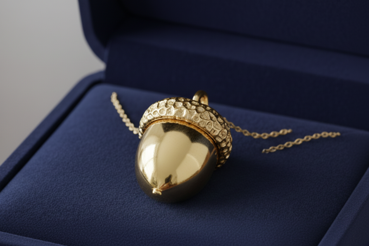 The Gold Acorn Pendant Necklace in 24K gold plate, textured cap, by MokshaGoldSculptures.