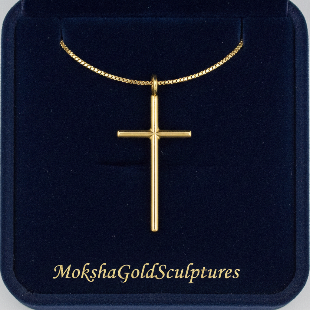 The Minimalist Cross Pendant Necklace in gold by MokshaGoldSculptures, sleek finish on thin chain in blue velvet box.