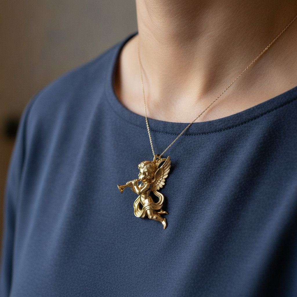 Golden Cherub Flute Pendant Necklace | Guardian Angel Jewelry | 9K Gold, Sterling Silver & Yellow Brass