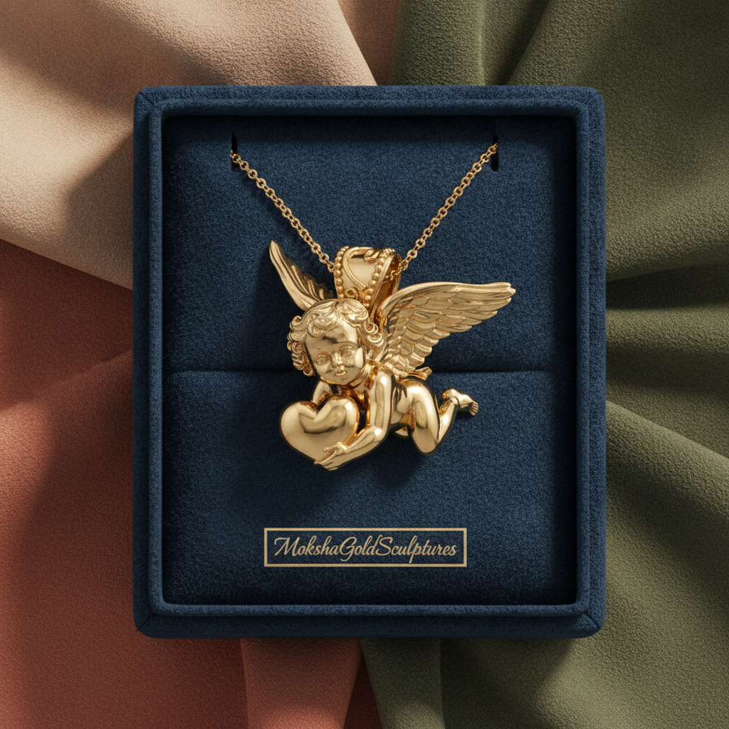 Golden Cherub with Heart Pendant Necklace | Angel of Love & Protection | 9K Gold, Sterling Silver or Polished Brass | Handmade Religious Jewelry Gift