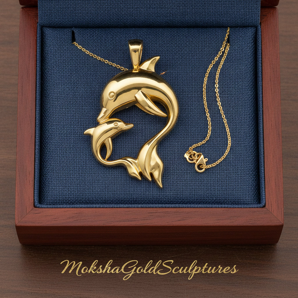 Dolphin Mother & Baby Pendant Necklace in polished yellow brass by MokshaGoldSculptures, presented in a blue box.