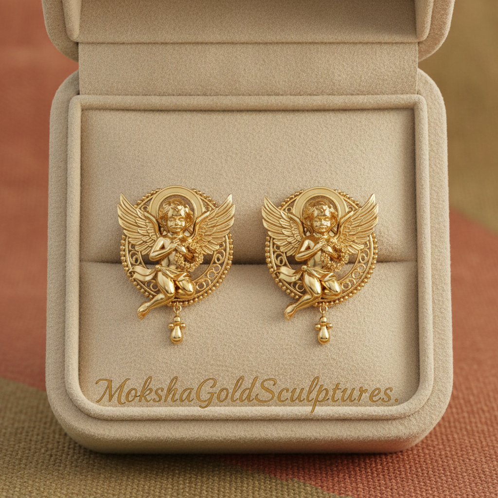 Golden Cherub Angel Stud Earrings | Guardian Angel Jewelry | 9K Gold, Sterling Silver & Yellow Brass | Handmade Religious Gift