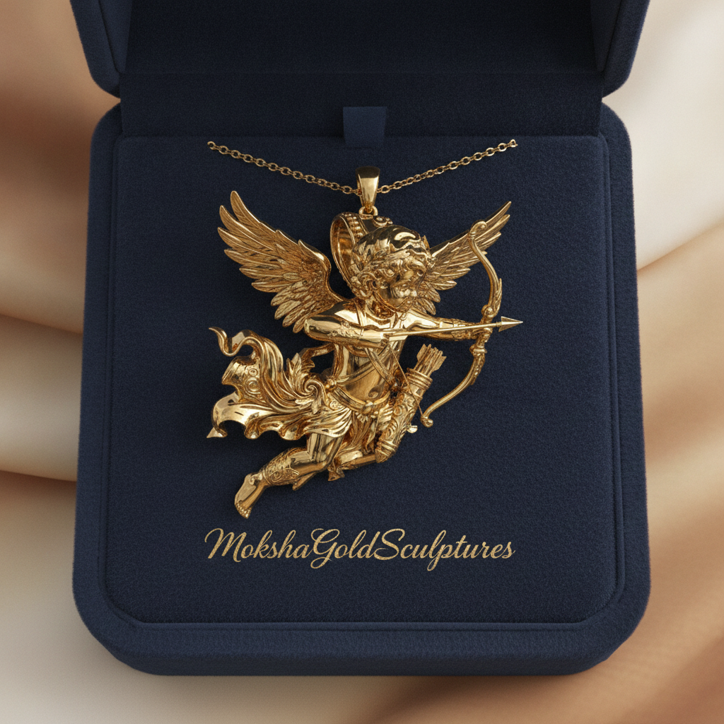 Winged Cupid Archer Pendant Necklace | Cherub Angel with Bow & Arrow | Handmade in 9K Gold, Sterling Silver & Yellow Brass