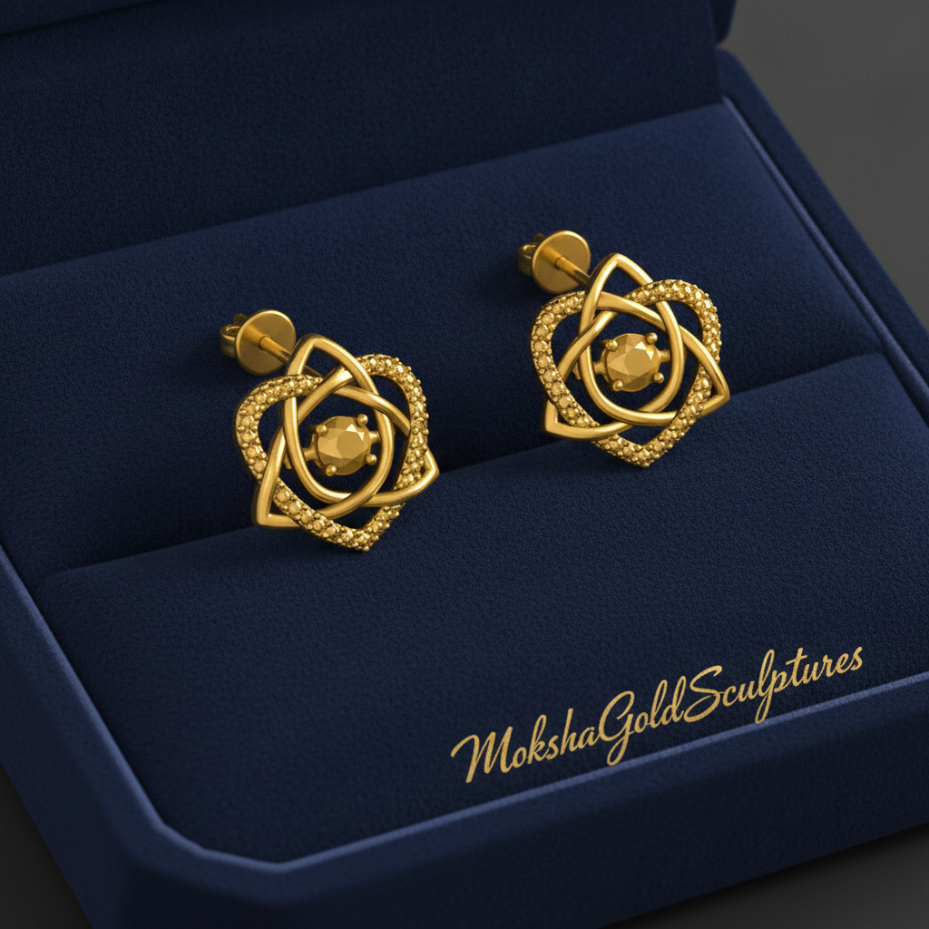 Celtic Trinity Knot Heart Stud Earrings in 9K gold by MokshaGoldSculptures, shown in blue velvet box.