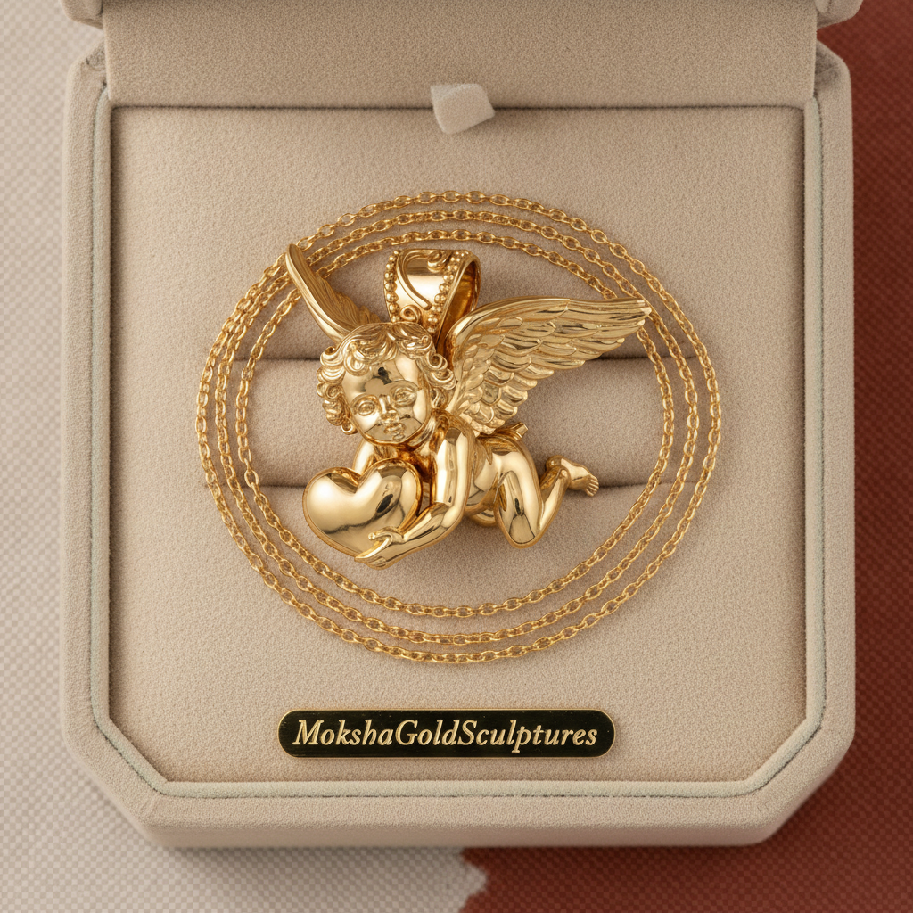 Golden Cherub with Heart Pendant Necklace | Angel of Love & Protection | 9K Gold, Sterling Silver or Polished Brass | Handmade Religious Jewelry Gift