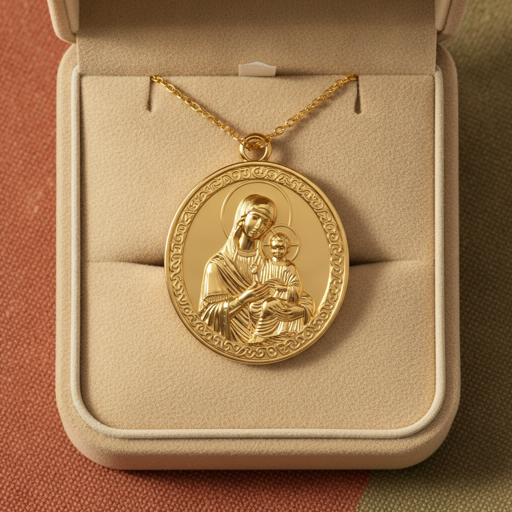Virgin Mary & Child Coin Pendant Necklace | Blessed Mother Medallion | Christian Jewelry in 18K Gold, Sterling Silver or Yellow Brass