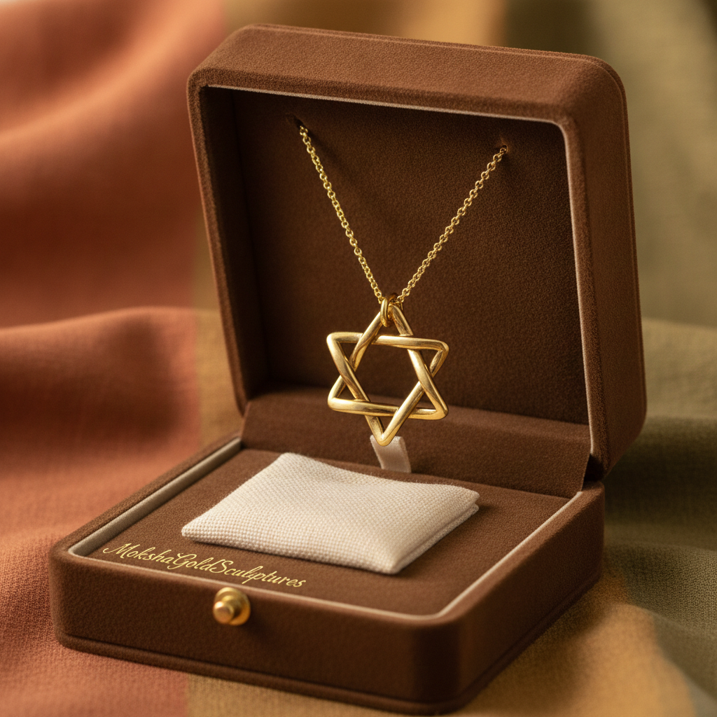 The Interlaced Star of David Pendant Necklace in 18K gold and sterling silver by MokshaGoldSculptures, velvet box display.