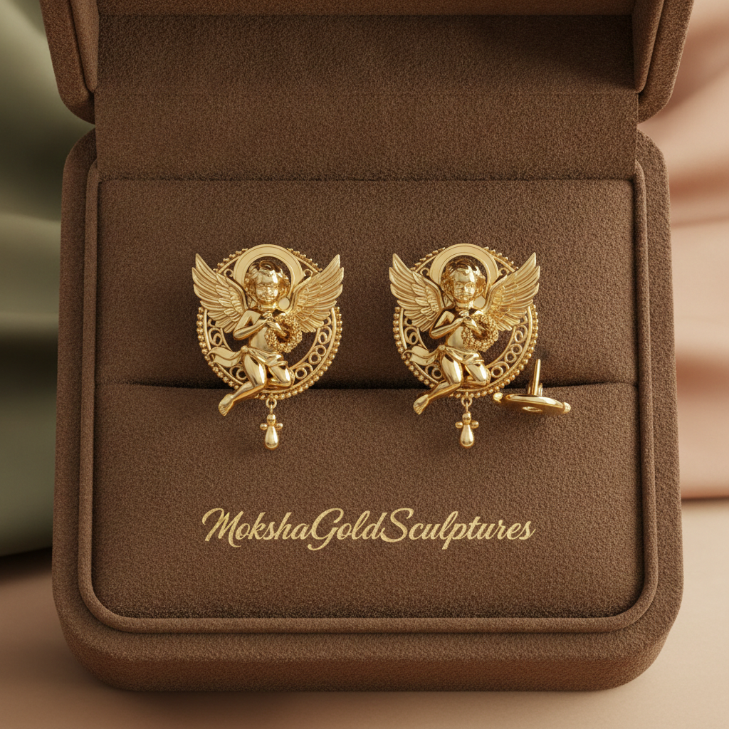 Golden Cherub Angel Stud Earrings | Guardian Angel Jewelry | 9K Gold, Sterling Silver & Yellow Brass | Handmade Religious Gift