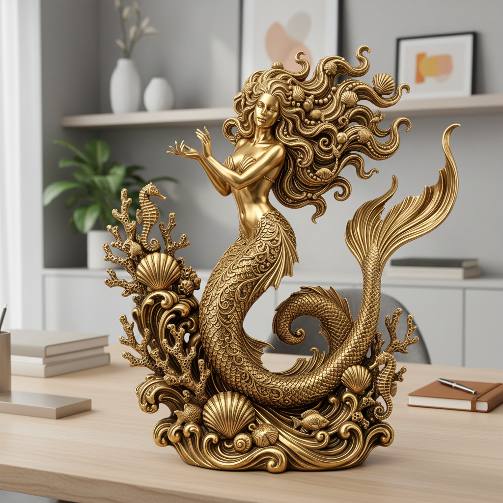 The Golden Mermaid Statue in gold finish by MokshaGoldSculptures with flowing hair, aquatic details, 250mm size.