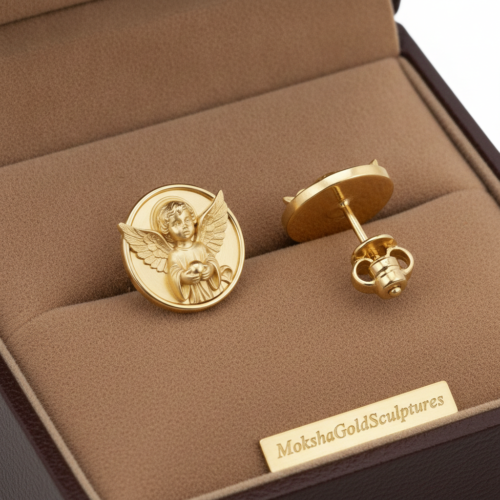 Angel Cherub Medallion Stud Earrings | 9K Gold, Sterling Silver or Brass | Celestial Angel Earrings | Religious Jewelry | Handmade Gift for Her