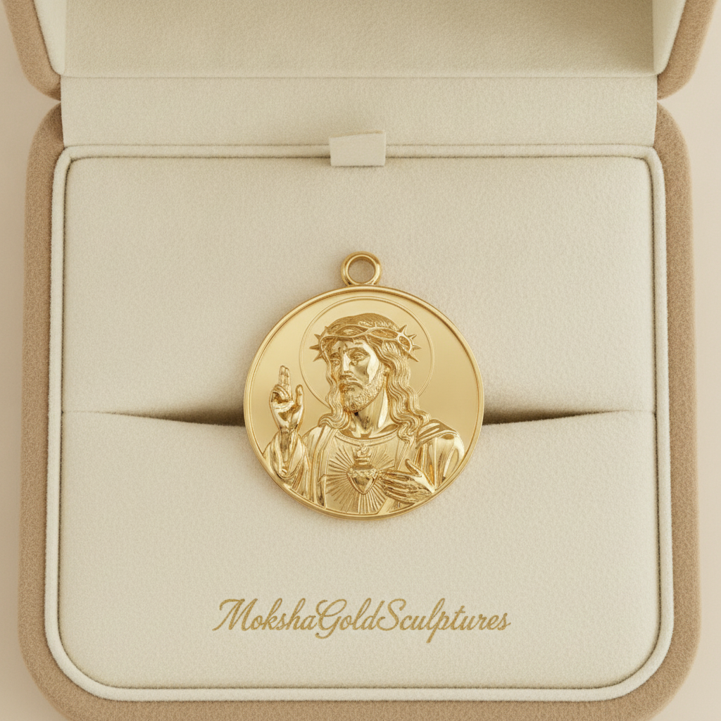 Jesus Sacred Heart Coin Pendant Necklace | 18K Gold Plated, Sterling Silver or Polished Brass | Christian Medallion | Catholic Religious Jewellery | 30mm