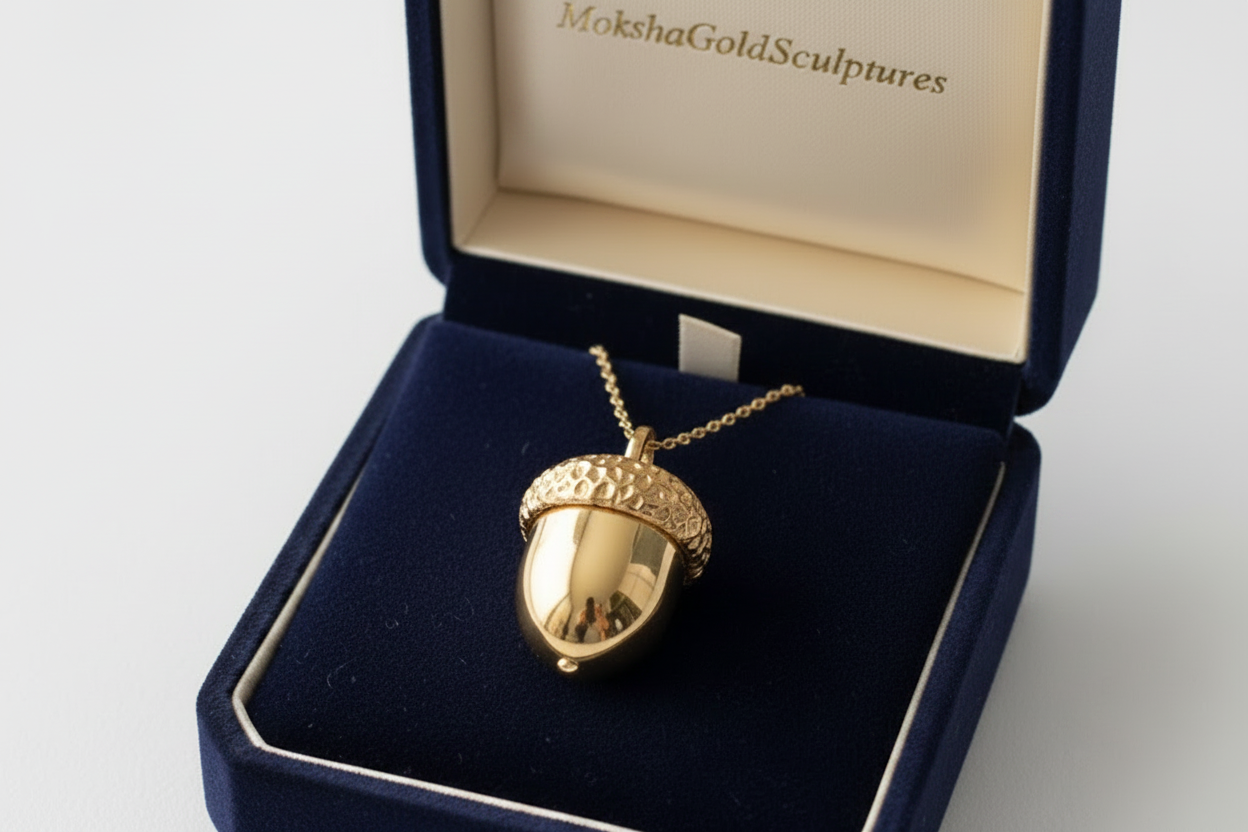 Acorn pendant necklace in 24K gold plated finish by MokshaGoldSculptures, displayed in navy blue velvet box.