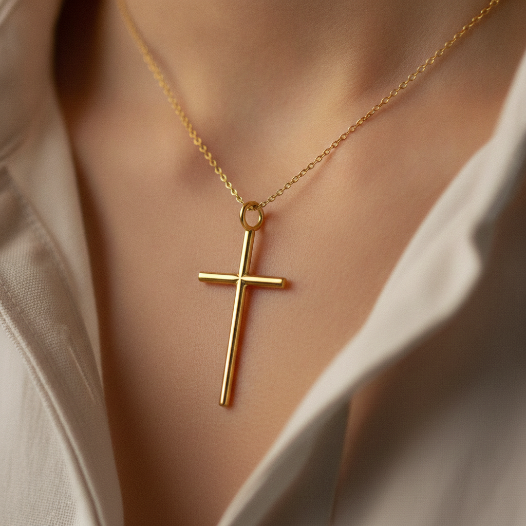 Minimalist Cross Pendant Necklace in 9K gold by MokshaGoldSculptures, worn over a light shirt.