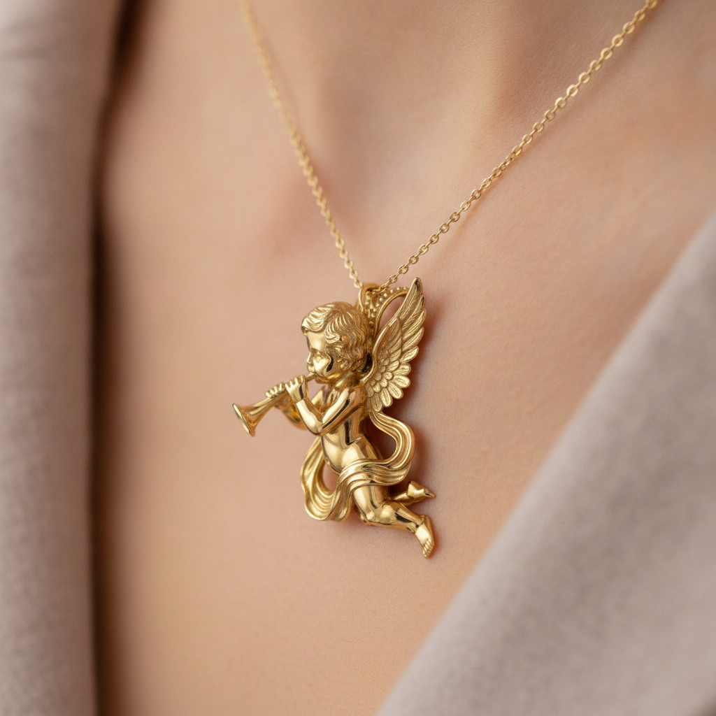 Golden Cherub Flute Pendant Necklace | Guardian Angel Jewelry | 9K Gold, Sterling Silver & Yellow Brass