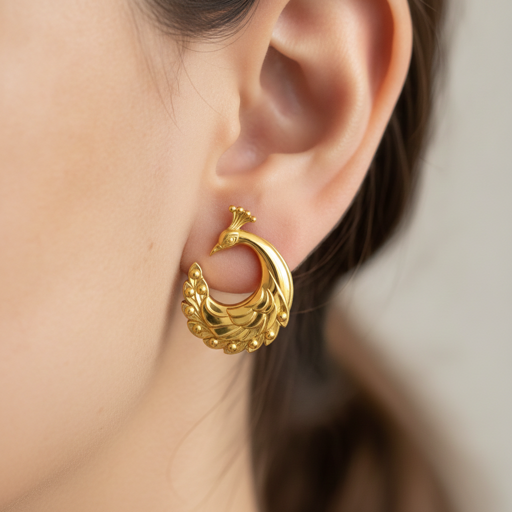 Peacock Stud Earrings – 9K Gold, Sterling Silver 925 or Polished Brass | Elegant Peacock Bird Earrings | Nature Inspired Jewellery | Handmade Gift for Her