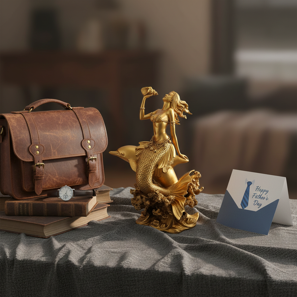 Golden Mermaid with Dolphin and Konch Shell 3D printed statue by MokshaGoldSculptures in metallic gold finish on display.