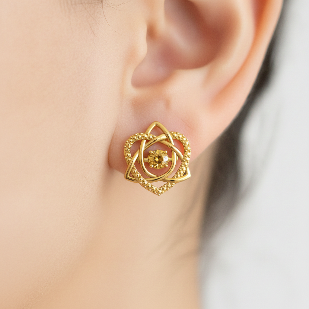Celtic Trinity Knot Heart Stud Earrings in 9K gold by MokshaGoldSculptures on ear, elegant Irish knot design.
