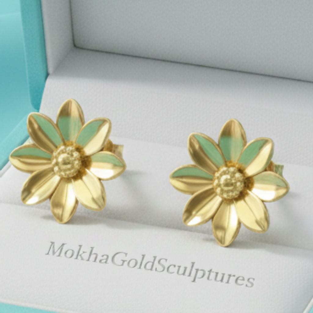 Polished Brass Flower Stud Earrings by MokshaGoldSculptures, botanical gold floral design with textured centers.
