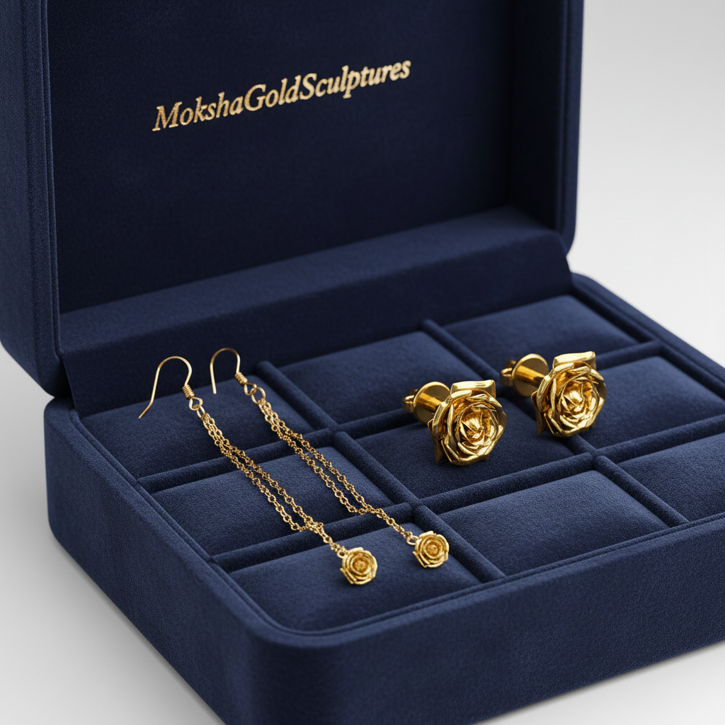 Rose Stud Earrings in polished brass by MokshaGoldSculptures, displayed on a navy blue branded box.