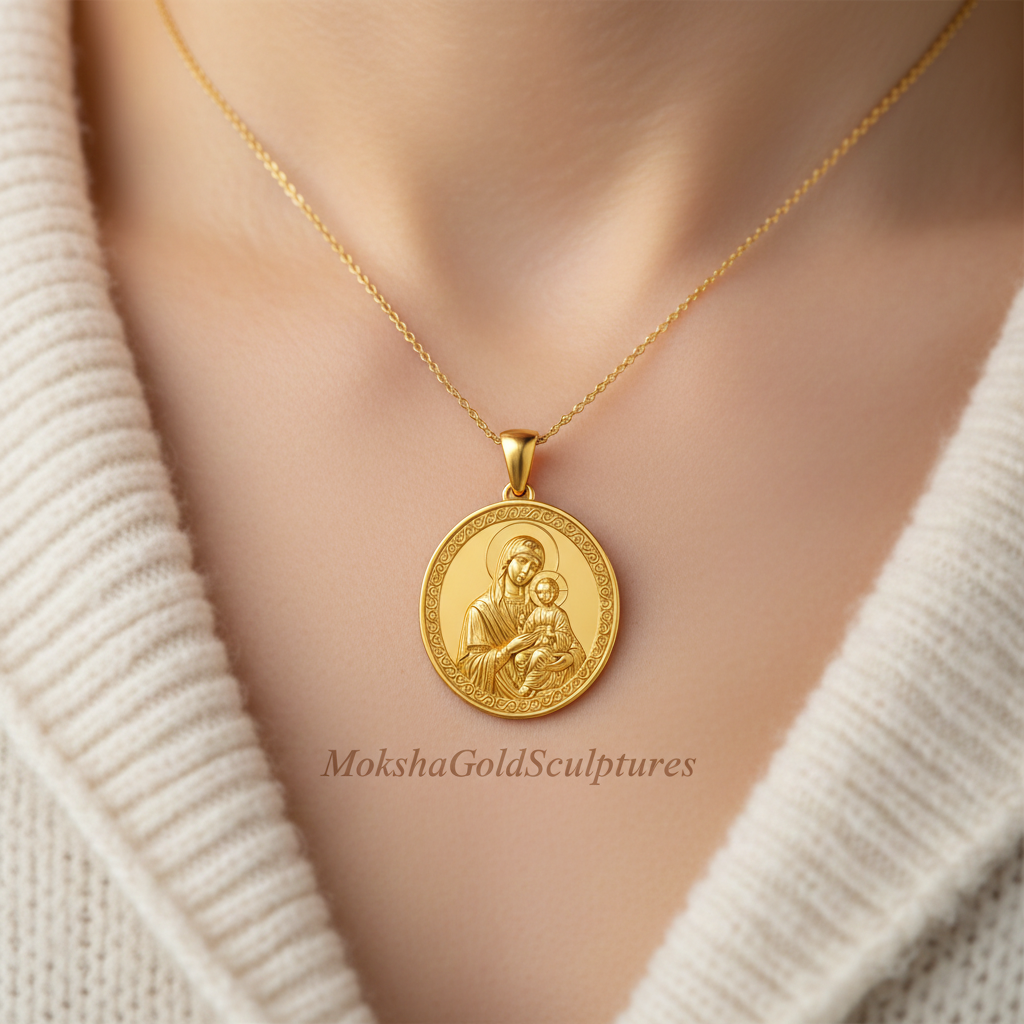 Mary with Baby Jesus Pendant Necklace – Ancient Religious Scene Jewelry – Catholic Christian Devotional Gift