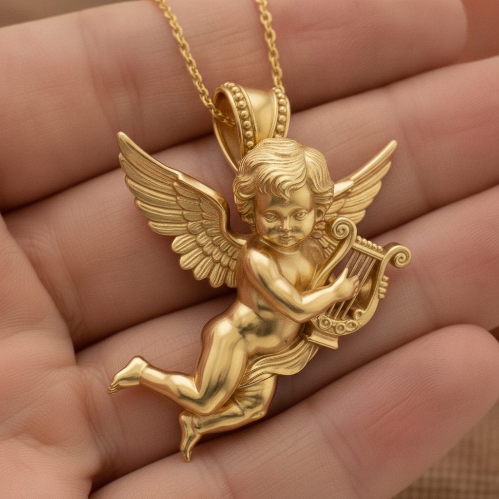 Golden Cherub Harp Pendant Necklace, Guardian Angel Jewelry, 9K Gold Angel Pendant, Sterling Silver Cherub Necklace, Religious Gift