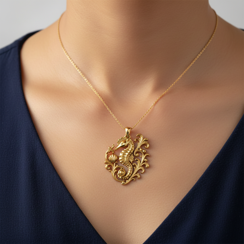 Seahorse Pendant Necklace in gold, silver, or brass by MokshaGoldSculptures, shown on deep blue top.