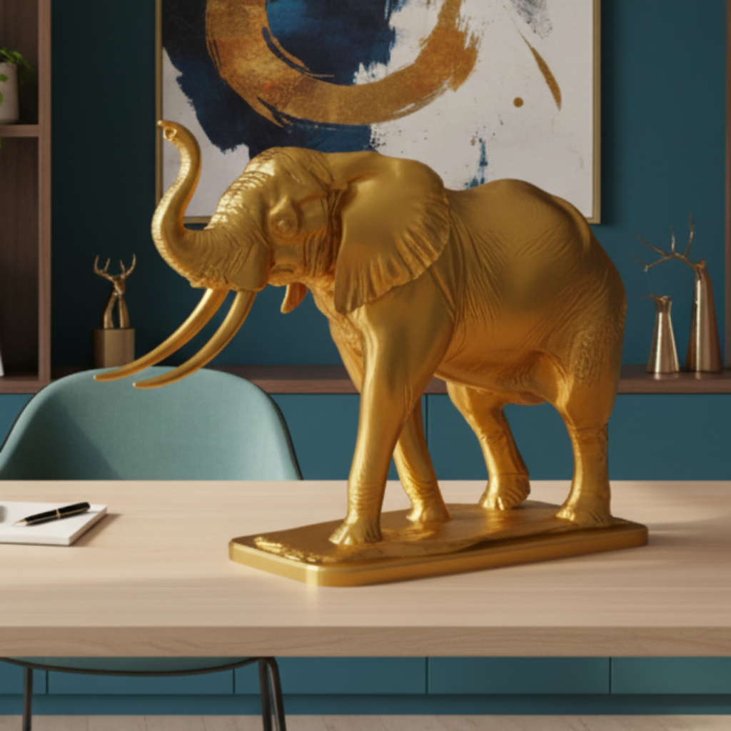 The Majestic Elephant Sculpture in gold finish by MokshaGoldSculptures, handmade PLA decorative accent piece.