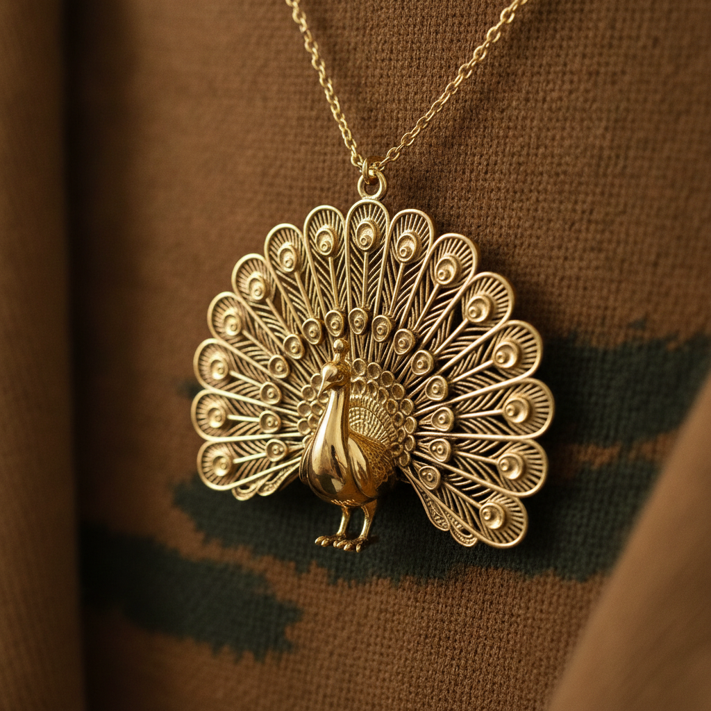The Peacock Pendant Necklace in polished brass by MokshaGoldSculptures with a detailed peacock tail design.