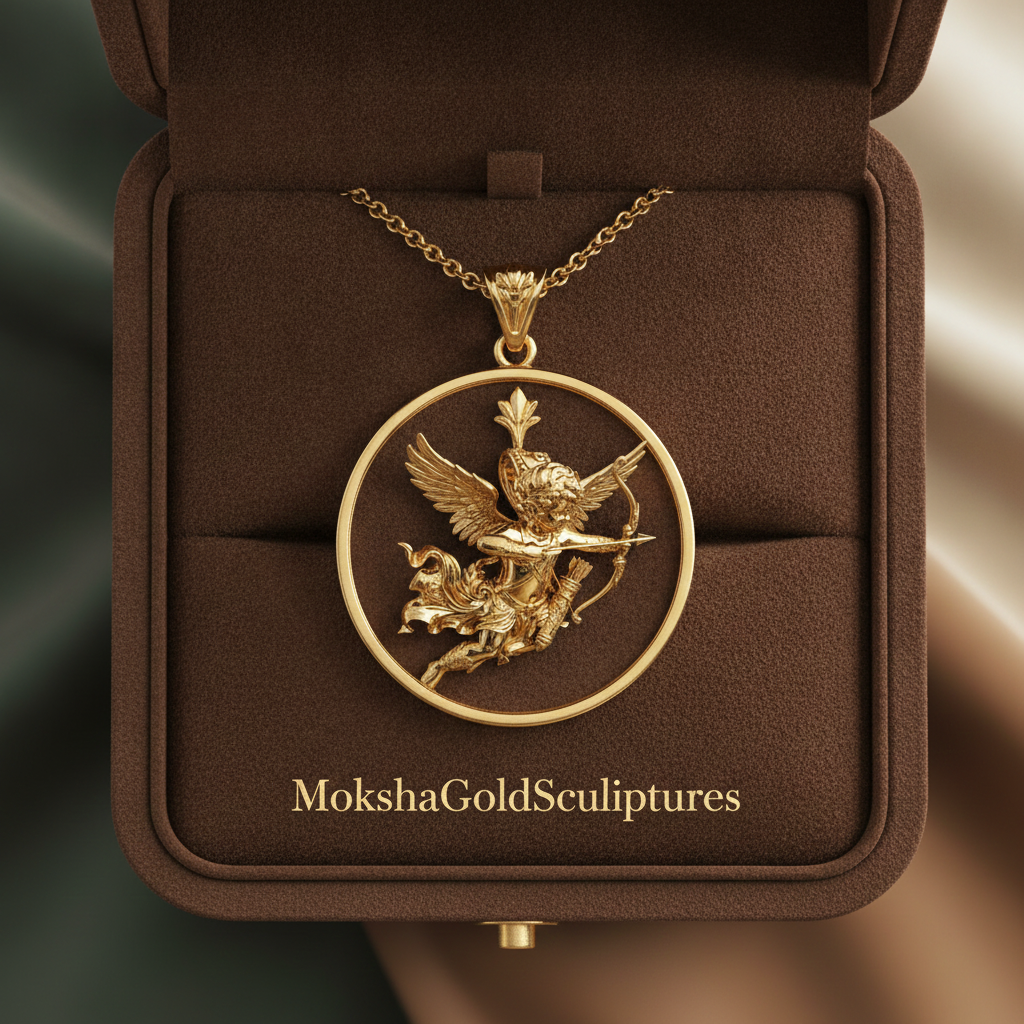 Winged Cupid Archer Pendant Necklace | Cherub Angel with Bow & Arrow | Handmade in 9K Gold, Sterling Silver & Yellow Brass