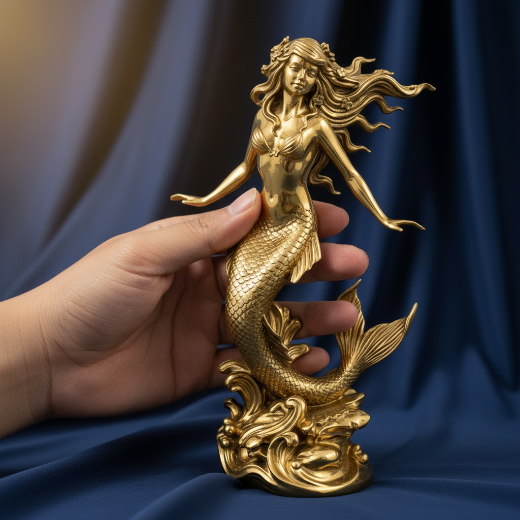 Polished Brass Mermaid sculpture by MokshaGoldSculptures, detailed finish, shown in hand against dark blue satin backdrop.