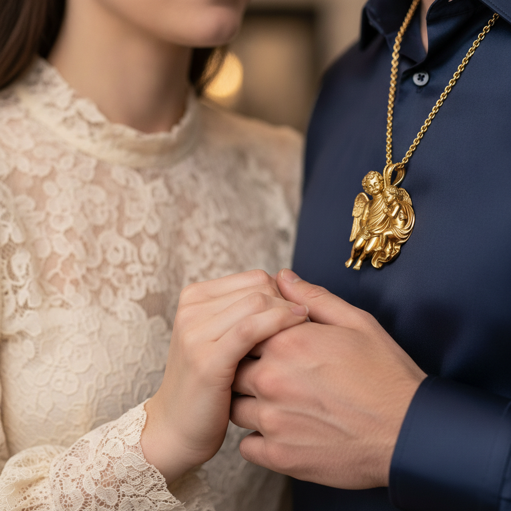 Golden Cherub Duo Pendant Necklace | Guardian Angel Jewelry | 9K Gold, Sterling Silver & Yellow Brass | Handmade Religious Gift