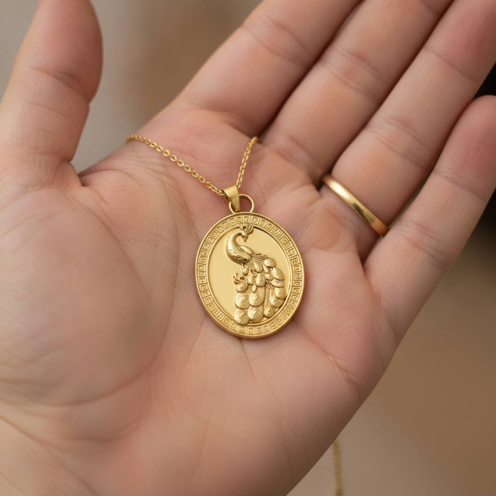Gothic Peacock Coin Pendant Necklace | 9K Gold, Sterling Silver & Polished Yellow Brass | Art Nouveau Peacock Medallion | Nature Bird Jewelry | Gift for Her