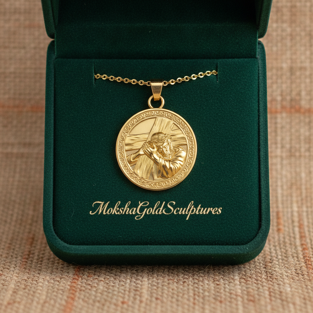 The Jesus Carrying the Cross Medallion Pendant in 9K gold, silver & brass by MokshaGoldSculptures.