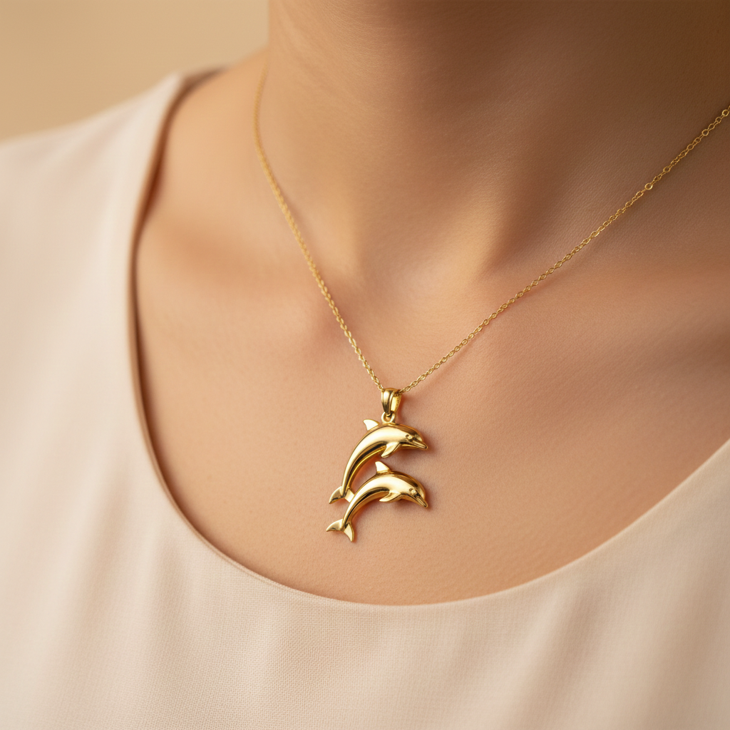 Two Dolphin Pendant Necklace | 18k Gold Plated or 925 Sterling Silver | Ocean Jewellery