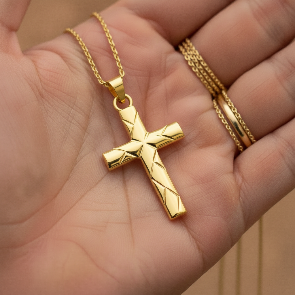 Faceted Cross Pendant Necklace in 9K Gold by MokshaGoldSculptures, geometric charm shown with gold rings and chains.