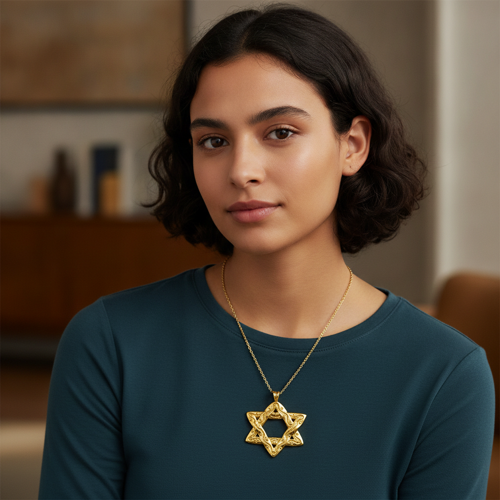 Interwoven Star of David Pendant Necklace in polished yellow brass by MokshaGoldSculptures modeled by a young woman indoors.
