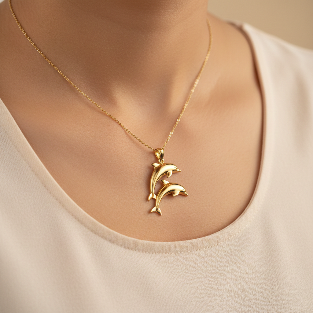 Two Dolphin Pendant Necklace | 18k Gold Plated or 925 Sterling Silver | Ocean Jewellery