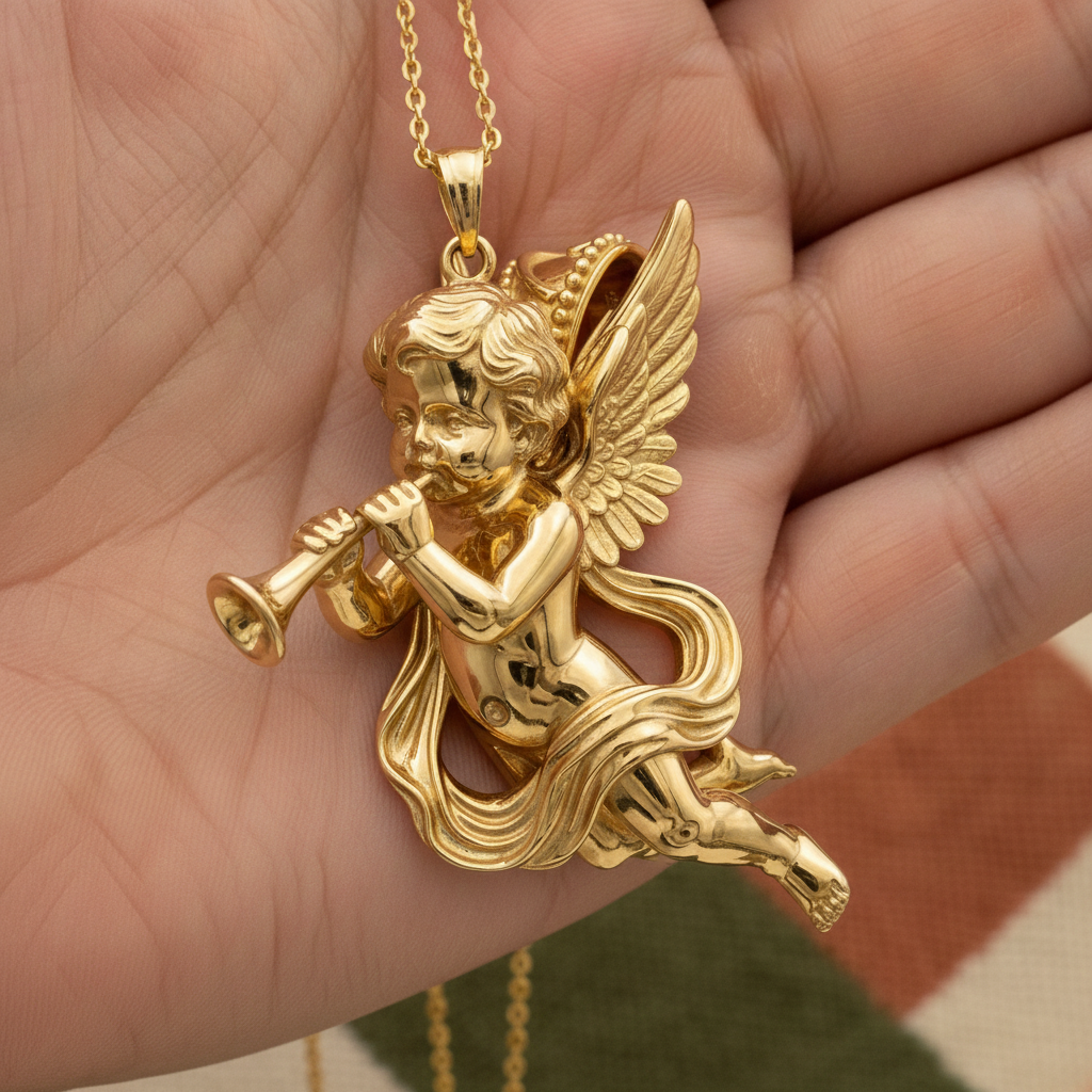 Golden Cherub Flute Pendant Necklace | Guardian Angel Jewelry | 9K Gold, Sterling Silver & Yellow Brass