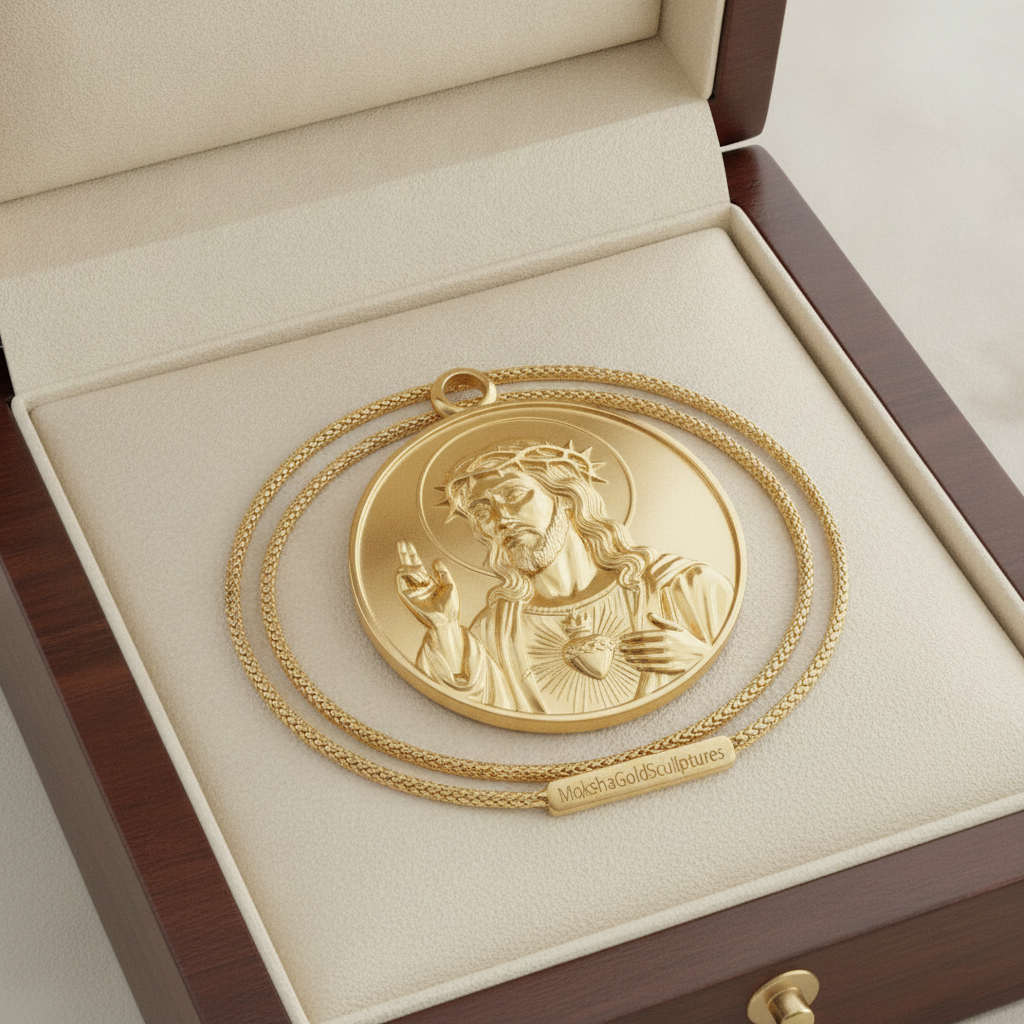Jesus Sacred Heart Coin Pendant Necklace | 18K Gold Plated, Sterling Silver or Polished Brass | Christian Medallion | Catholic Religious Jewellery | 30mm