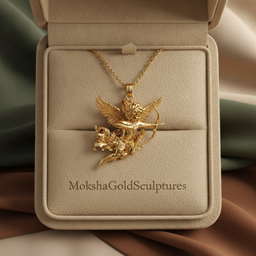 Winged Cupid Archer Pendant Necklace | Cherub Angel with Bow & Arrow | Handmade in 9K Gold, Sterling Silver & Yellow Brass