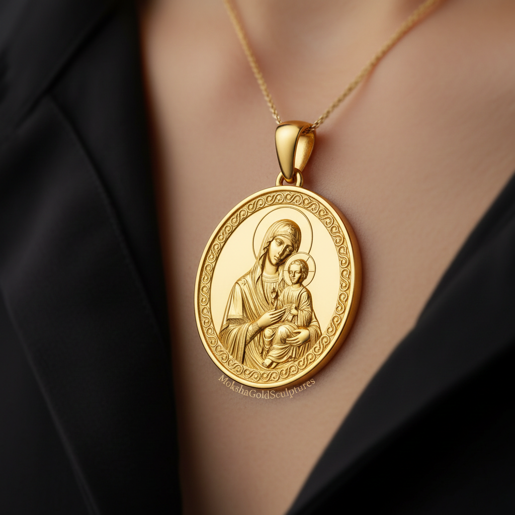 Mary with Baby Jesus Pendant Necklace – Ancient Religious Scene Jewelry – Catholic Christian Devotional Gift