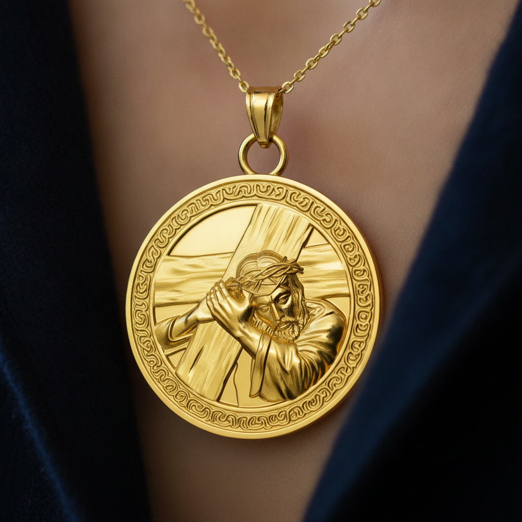 The Jesus Carrying the Cross Medallion Pendant in 9K gold, silver & brass by MokshaGoldSculptures.