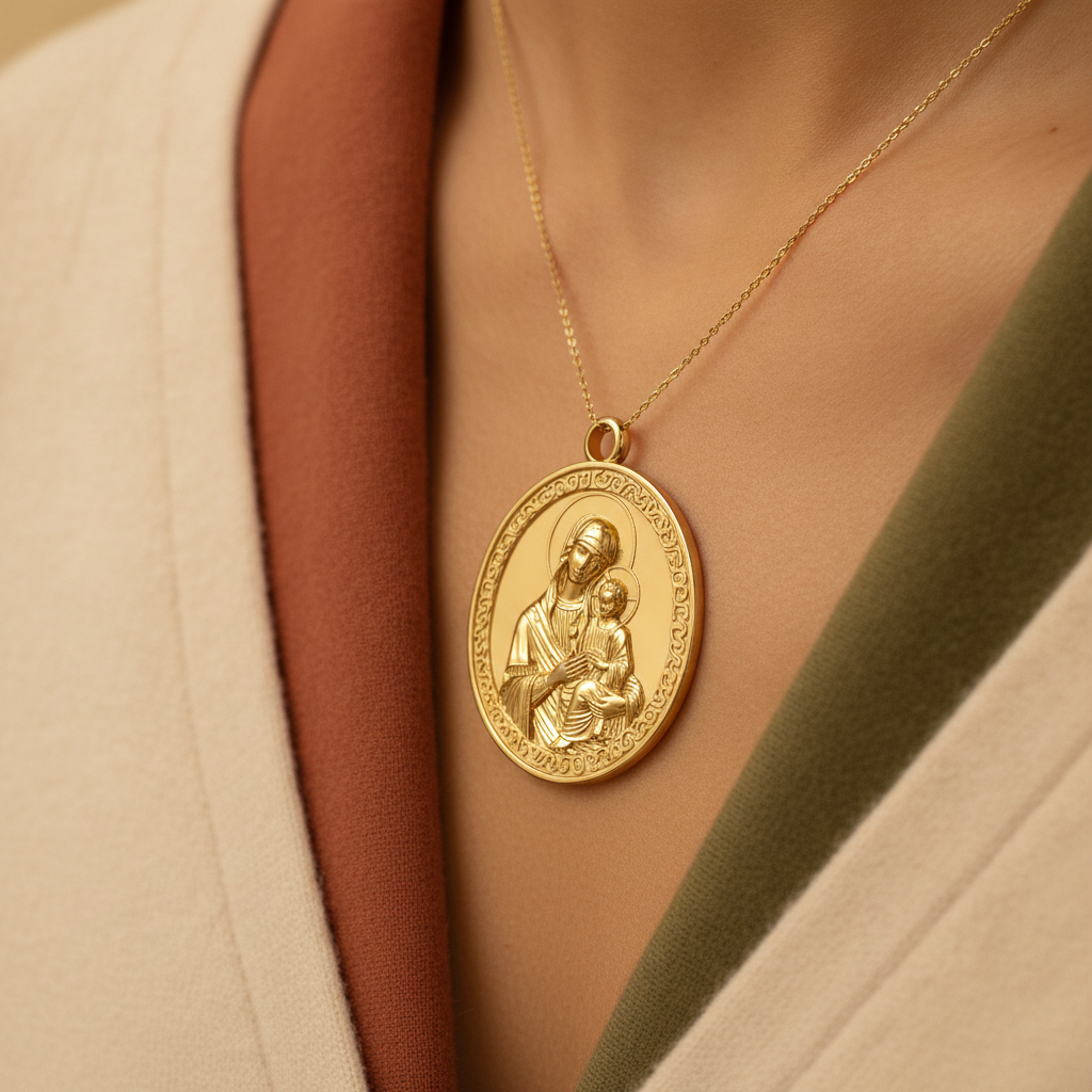 Virgin Mary & Child Coin Pendant Necklace | Blessed Mother Medallion | Christian Jewelry in 18K Gold, Sterling Silver or Yellow Brass